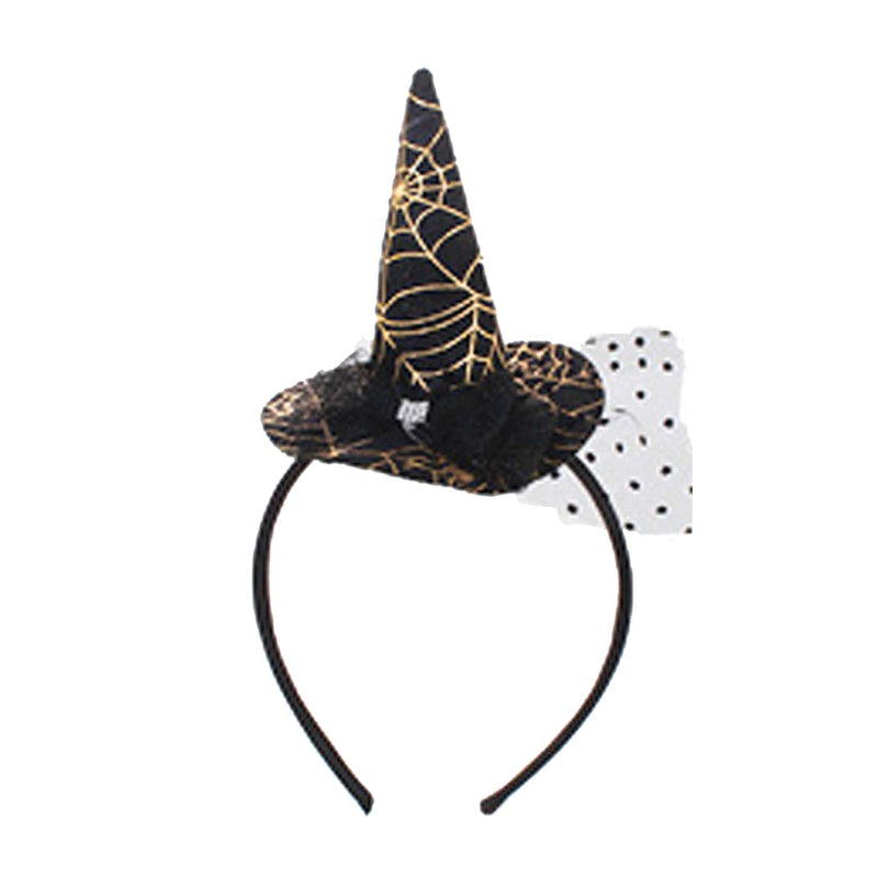 Women's Spooktacularly Fun Witches Hat Feathered Decorative Halloween Headband (Black With Gold Spiderwebs)