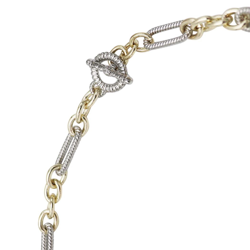 Two-Tone Link Chain Long Necklace, Gold and Silver with Pearl Accents, Toggle Clasp, 36"