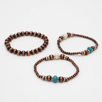Set of 3 Western Metallic Bead And Howlite Stone With Crystal Detail Stretch Bracelets 6.75" (Copper Burnished Turquoise)
