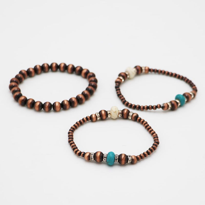Set of 3 Western Metallic Bead And Howlite Stone With Crystal Detail Stretch Bracelets 6.75" (Copper Burnished Turquoise)
