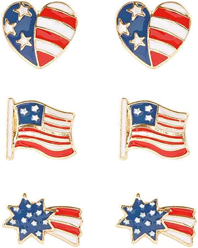 Rosemarie & Jubalee Women's Set of 3 USA Flag Red White and Blue Patriotic Enamel Hypoallergenic Post Earrings, 0.50" (Hearts Flags Shooting Stars)…