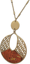 Stunning Matte Gold Tone Filigree And Cork Cutout Disk Necklace, 32"-35" with 3" Extender (Coral Orange)