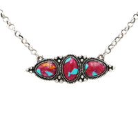 Vintage Style Necklace with Simulated Spiny Oyster Stone, Silver Chain, 18 Inch Length