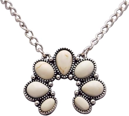 Western Style Squash Blossom Necklace, White Howlite Stone Pendant with Silver Alloy Chain, 16 Inch with 3 Inch Extender (Silver Burnished Natural Cream Tone)