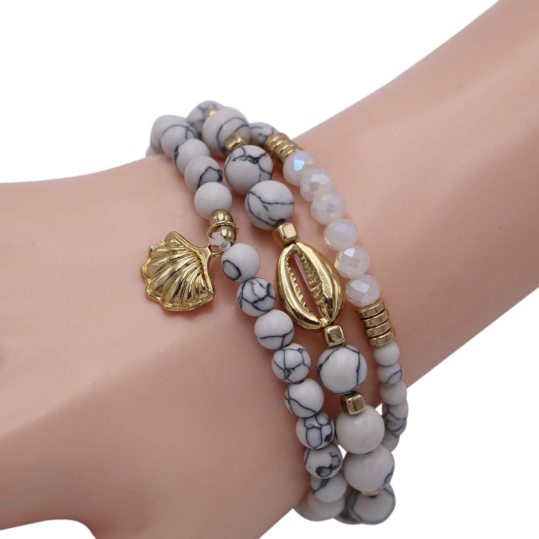 White Marble Howlite Beaded Bracelet Set, Gold Tone Sea Shells, Stretch Style, Size 6-7 (For Small Wrists)