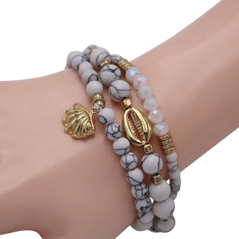 White Marble Howlite Beaded Bracelet Set, Gold Tone Sea Shells, Stretch Style, Size 6-7 (For Small Wrists)