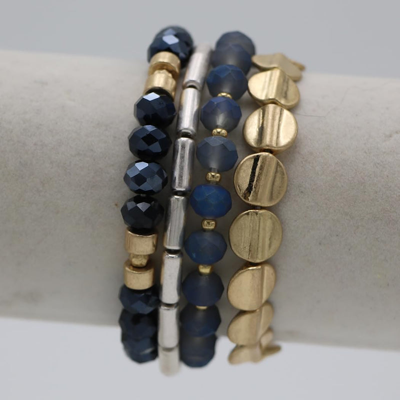 Beaded Stretch Bracelet Set, 4 Piece Stacking Collection, 6 Inch for Small Wrists (Two Tone Silver Gold Navy Blue)