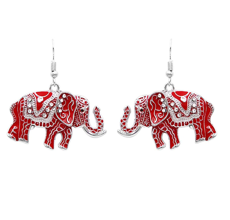 Women’s Majestic Enamel Coated Crystal Accented Lucky Elephant Statement  Earrings Set, 12"+ 2" Extension (Earring Only, Red)
