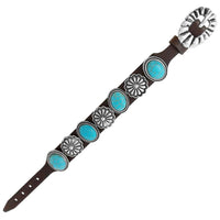 Women's Cowgirl Chic Western Style Burnished Silver Tone Conchos And Turquoise Howlite Stone On Brown Vegan Leather Buckle Bracelet, 9"