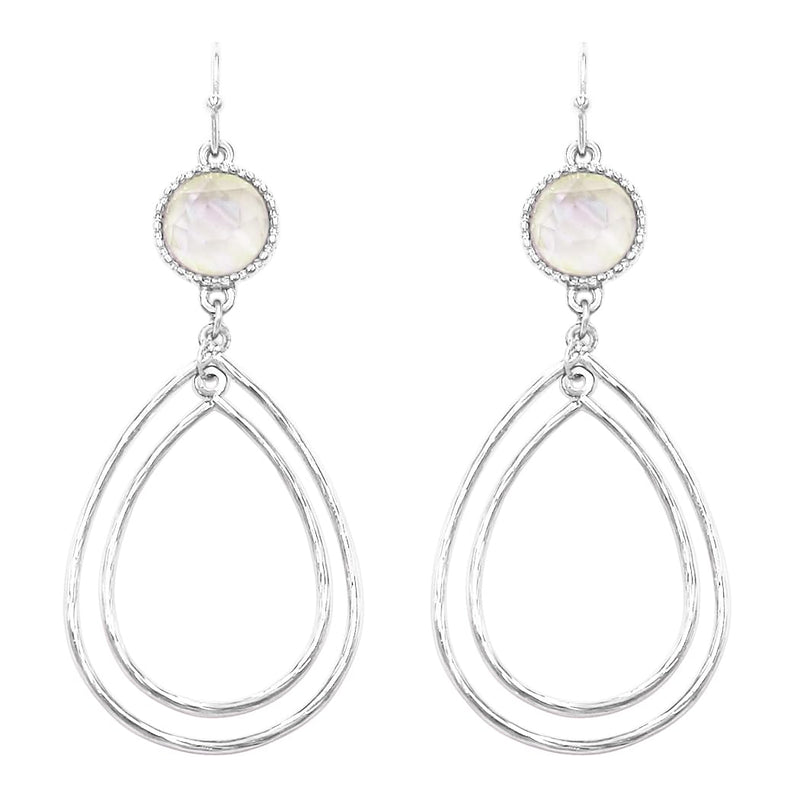 Stunning Silver Tone Teardrop Double Hoop With Mother Of Pearl Dangle Earrings, 2.75"