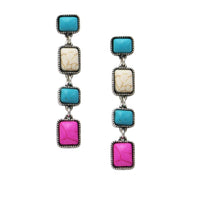 Vintage Style Howlite Dangle Earrings, Square Stone Design, Antique Silver Beaded Frame, 2.25 Inch Length (Burnished Silver Pink Blue White)