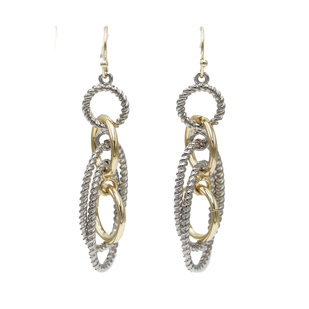 Two Tone Textured Geometric Multi Hoop Drop Dangle Earrings, Silver and Gold, 2 Inch Length