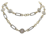 Two-Tone Chain Necklace, Silver and Gold, Crystal Pave Accents, Metal Alloy, Classic Style, 36 Inch
