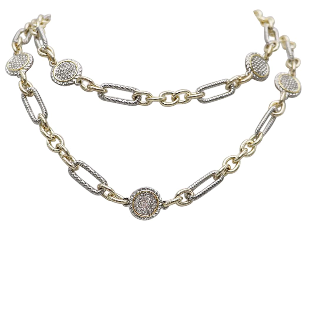 Two-Tone Chain Necklace, Silver and Gold, Crystal Pave Accents, Metal Alloy, Classic Style, 36 Inch