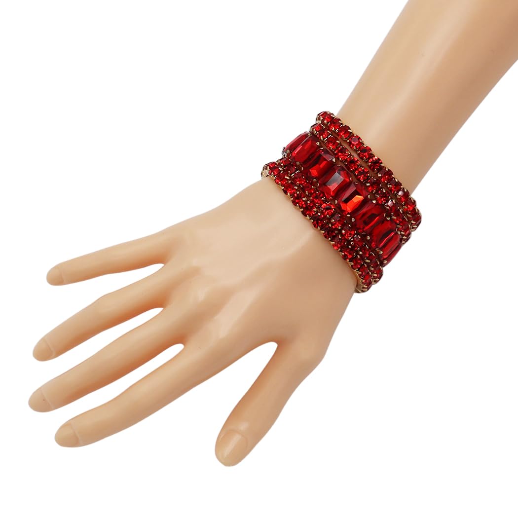 Stunning Statement Bejeweled Set Of 5 Colorful Crystal Rhinestone Stretch Bracelets, 6.75" (Red Crystal Gold Tone)