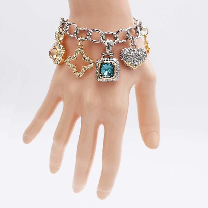 Two-Tone Trending Charm Link Bracelet, Silver with CZ Stones, Classic Style, 6-7.5"