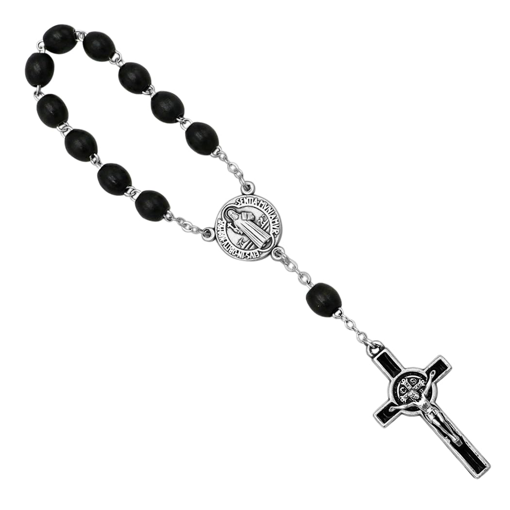 Rosemarie's Religious Gifts One Decade Black Oval Wood Bead Saint Benedict Rosary, Patron Saint of Students