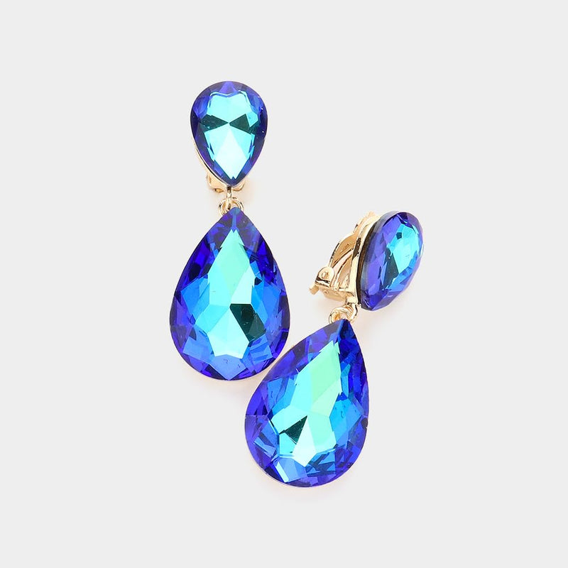 Women's Double Teardrop Statement Glass Crystal Rhinestone Dangle Clip On Bridal Earrings, 2" (AB Blue Crystal Gold Tone)