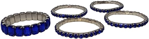 Stunning Statement Set Of 5 Colorful Crystal Rhinestone Stretch Bracelets, 6.75" (Sapphire Blue Crystal Silver Tone)