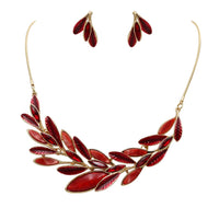 Stunning Textured Chevron Leaves Enamel Lucite With Marquis Crystal Rhinestones Necklace Earrings Polished Gold Tone Bridal Set, 13"+3" Extension (Reds)