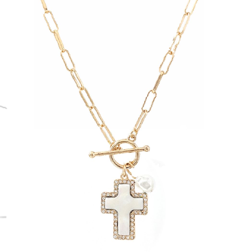 Natural Abalone Shell Cross Pendant with Crystal Edge Detail, Freshwater Pearl Charm, Gold Tone Paperclip Chain Necklace, Toggle Clasp, 18 Inch