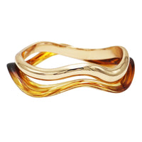 Wavy Wave Design Bangle Bracelet Set, Amber and Gold Tone, 7.5 Inch Wrist Size, 2 Piece Set