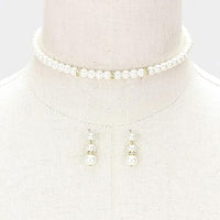 Chic Simulated Pearl With Crystal Detail On Memory Wire Choker Necklace Earrings Bridal Jewelry Set, 12"+3" Extender