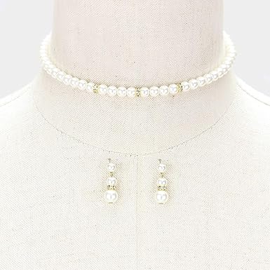 Chic Simulated Pearl With Crystal Detail On Memory Wire Choker Necklace Earrings Bridal Jewelry Set, 12"+3" Extender