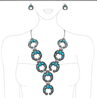 Cowgirl Chic Western Style Colorful Howlite Stone Squash Blossoms Y-Drop Necklace Earrings Set, 24"+3" Extension (Turquoise Howlite)