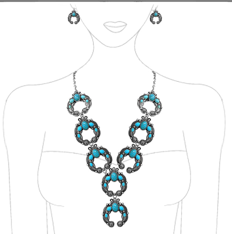 Cowgirl Chic Western Style Colorful Howlite Stone Squash Blossoms Y-Drop Necklace Earrings Set, 24"+3" Extension (Turquoise Howlite)