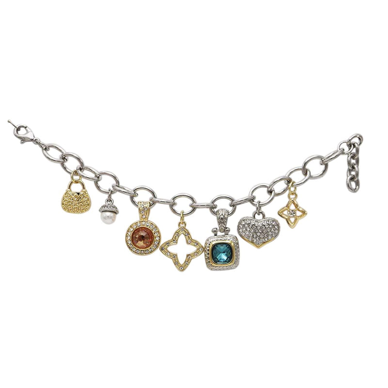 Two-Tone Trending Charm Link Bracelet, Silver with CZ Stones, Classic Style, 6-7.5"