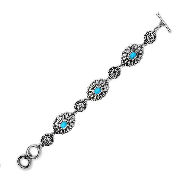 Women's Cowgirl Chic Natural Howlite Stone Center Concho Western Jewelry Gift Set (Turquoise Burnished Silver Tone Toggle Clasp Bracelet, 7"-7.75")