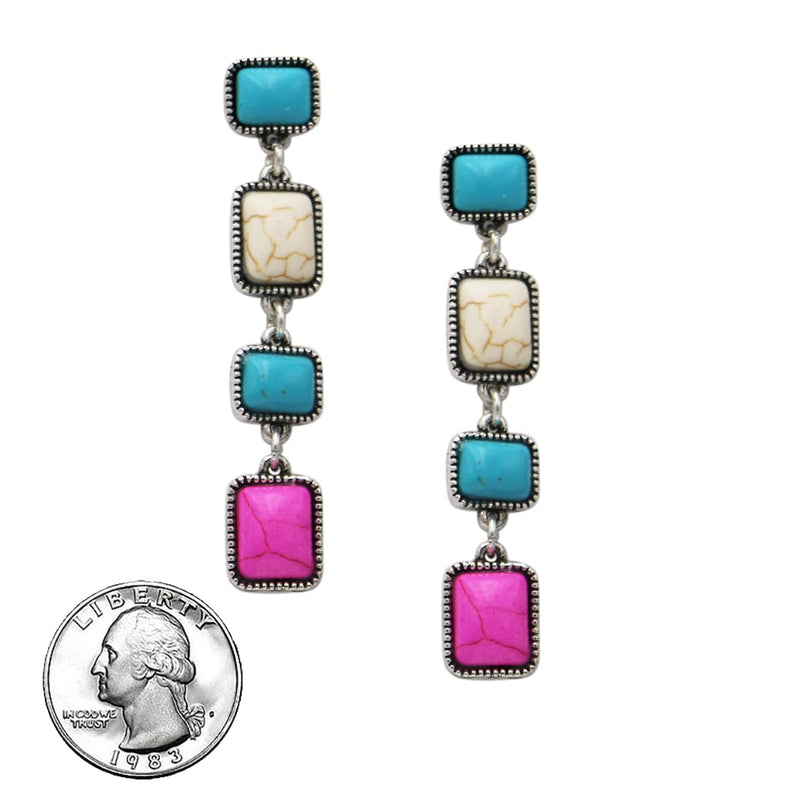 Vintage Style Howlite Dangle Earrings, Square Stone Design, Antique Silver Beaded Frame, 2.25 Inch Length (Burnished Silver Pink Blue White)