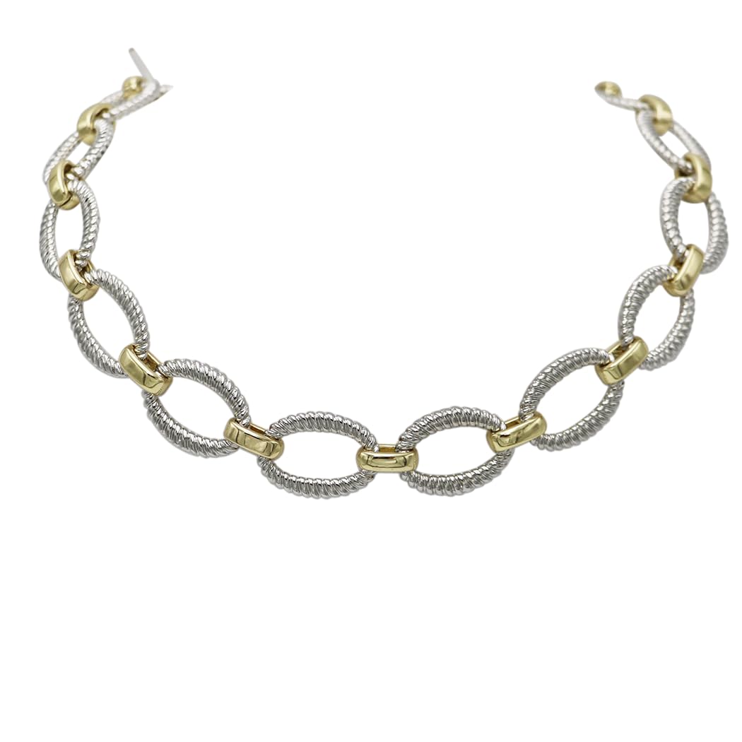 Woman's Statement Necklace, Burnished Silver and Gold Two-Tone, Metal Alloy Chain Links, 18 Inch Length