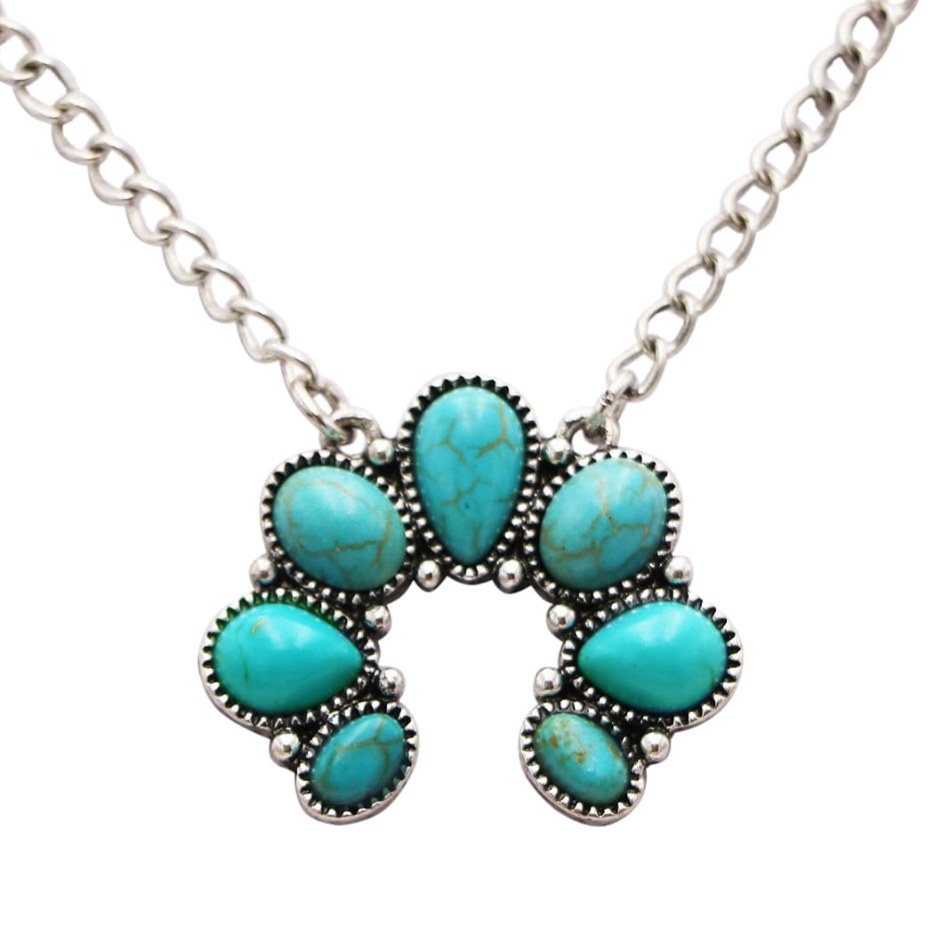 Western Style Squash Blossom Necklace, White Howlite Stone Pendant with Silver Alloy Chain, 16 Inch with 3 Inch Extender (Silver Burnished Turquoise)