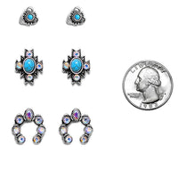 Western Cowgirl Earrings Set, 3 Pairs, Turquoise Howlite and AB Crystal Rhinestone, Silver-Tone
