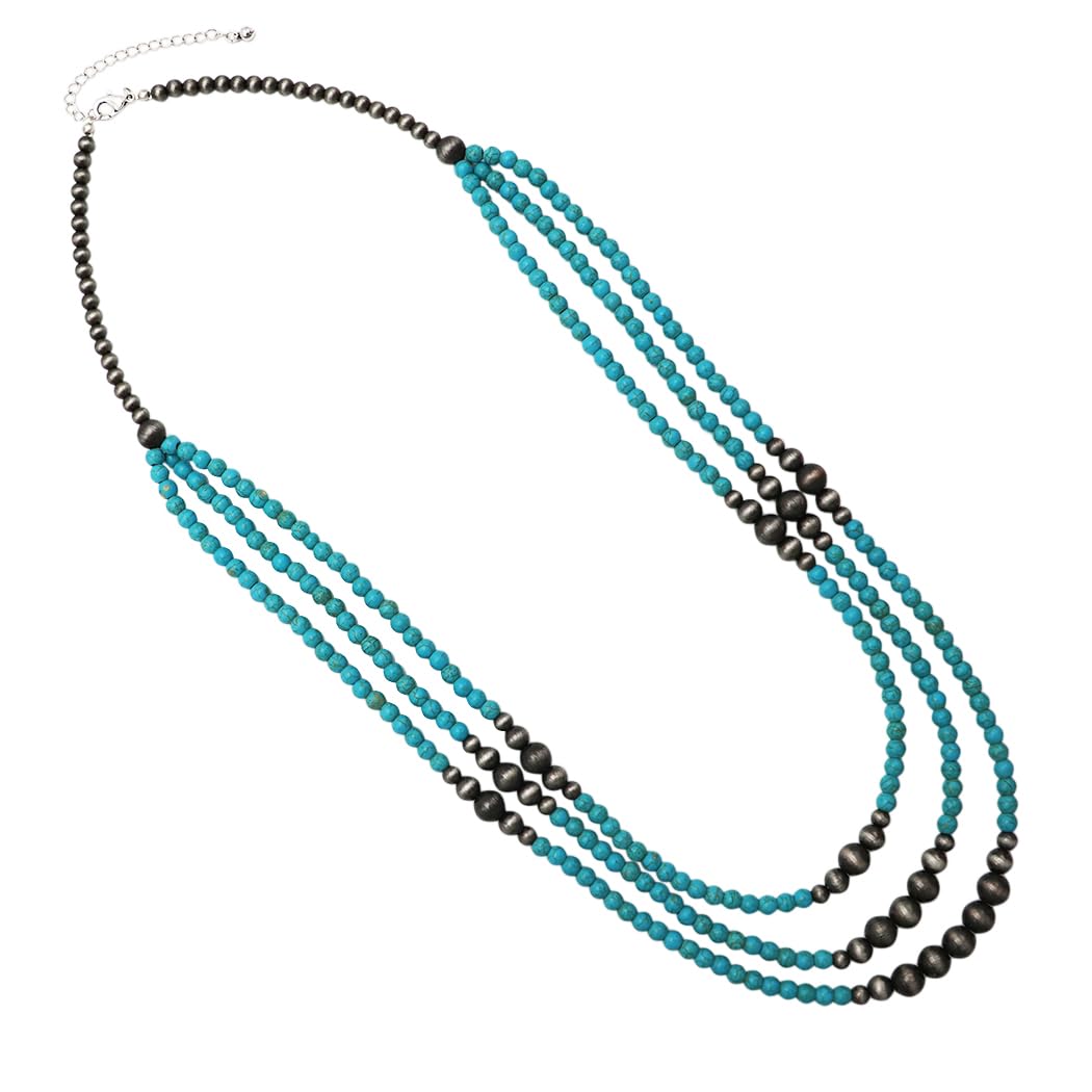 Southwestern Style Three-Strand Turquoise Howlite and Sonic Silver Bead Necklace, Traditional Native American Inspired Design