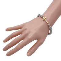 Matte White Marble Howlite Beaded Stretch Bracelet with Gold Tone Sideways Cross, Size 7 (For Small Wrists)