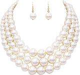Multi Strand Simulated Pearl Necklace and Earrings Jewelry Set (Cream)