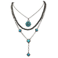 Western Layering Necklace Set, Burnished Silver with Turquoise Howlite, 3-Piece Y-Drop, Pendant Necklace and Navajo Pearl, Adjustable 16-24 Inch