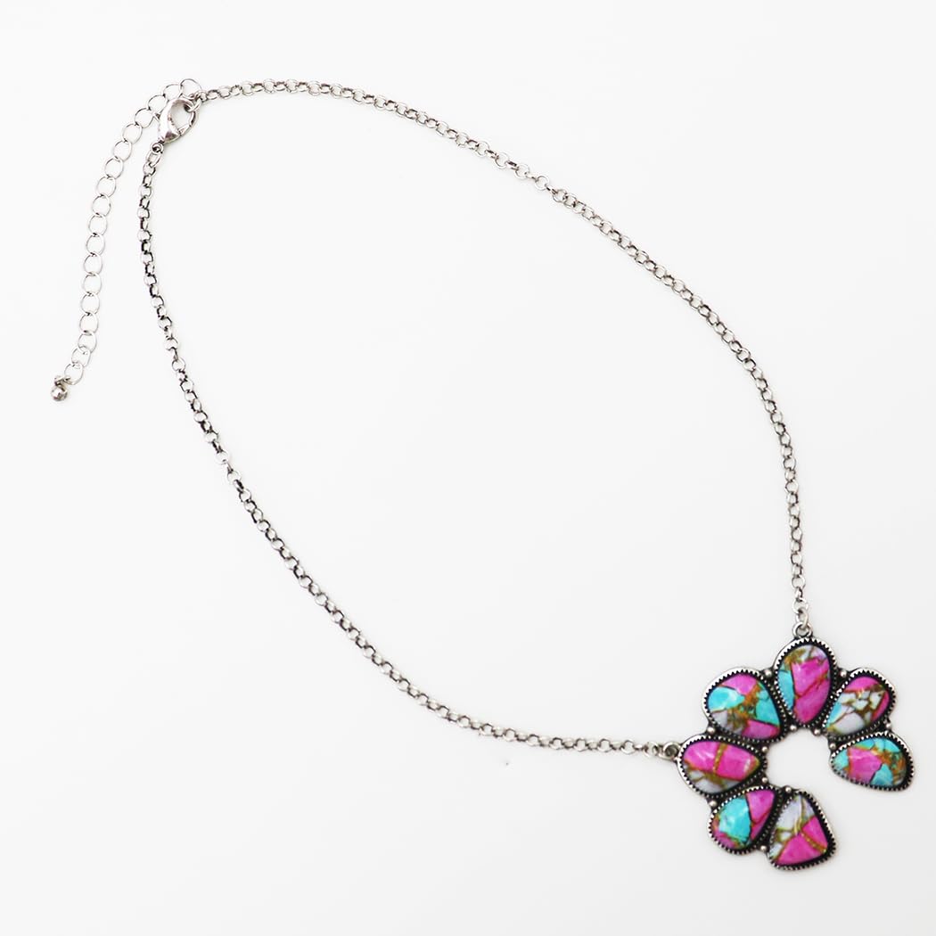 Western Navajo Squash Blossom Necklace, Pink and Turquoise Stone, Silver Beaded Frame, 18-21 Inch Chain with Extension, Southwestern Style