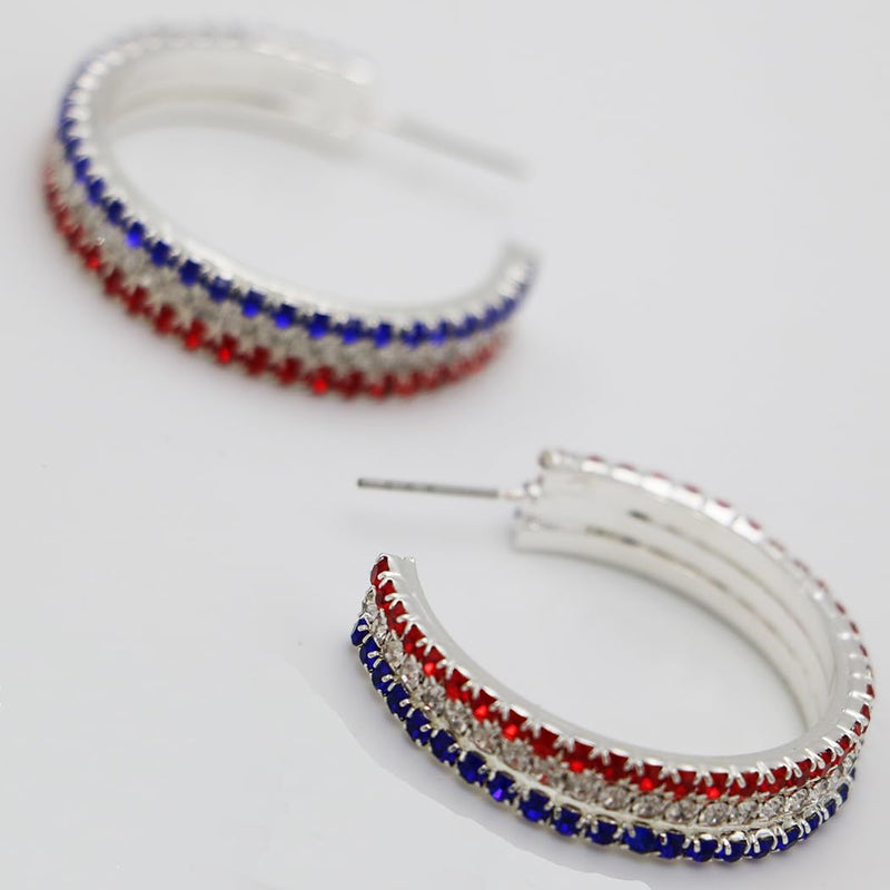 Red White And Blue 4th Of July Patriotic Voting Day Crystal Statement Hoop Rhinestone Earrings 35mm