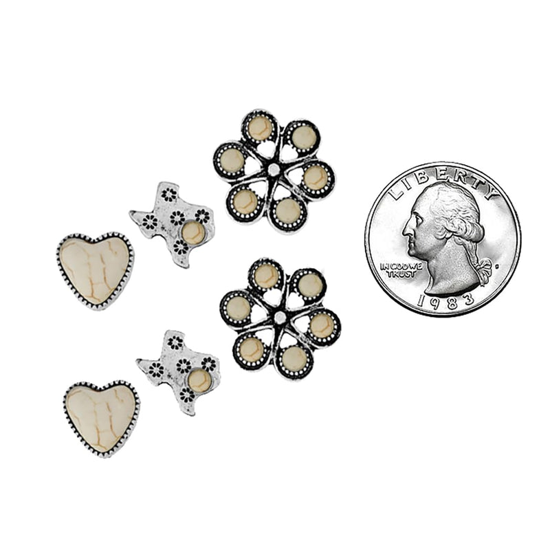 Western Earrings Set of 3 Pairs, Texas, Heart and Floral Design, Silver Tone with Natural Howlite