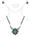 Western Necklace and Earring Set, Metallic Pearl Beads, Flower And Feather Design With Turquoise Howlite Stones