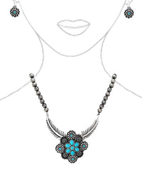 Western Necklace and Earring Set, Metallic Pearl Beads, Flower And Feather Design With Turquoise Howlite Stones