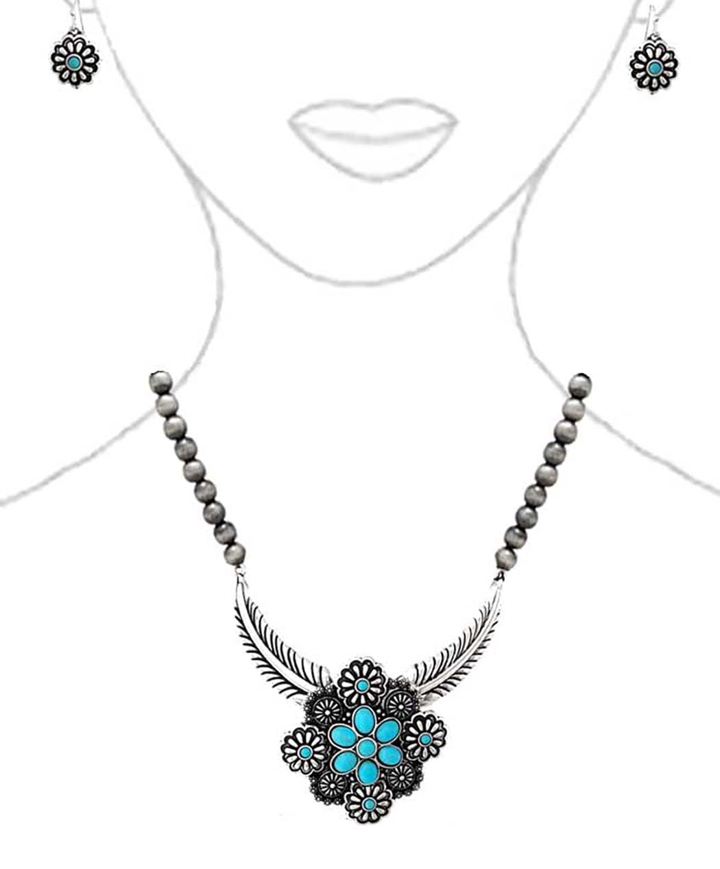 Western Necklace and Earring Set, Metallic Pearl Beads, Flower And Feather Design With Turquoise Howlite Stones