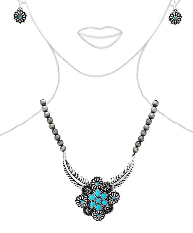 Western Necklace and Earring Set, Metallic Pearl Beads, Flower And Feather Design With Turquoise Howlite Stones