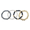 Beaded Stretch Bracelet Set, 4 Piece Stacking Collection, 6 Inch for Small Wrists (Two Tone Silver Gold Navy Blue)