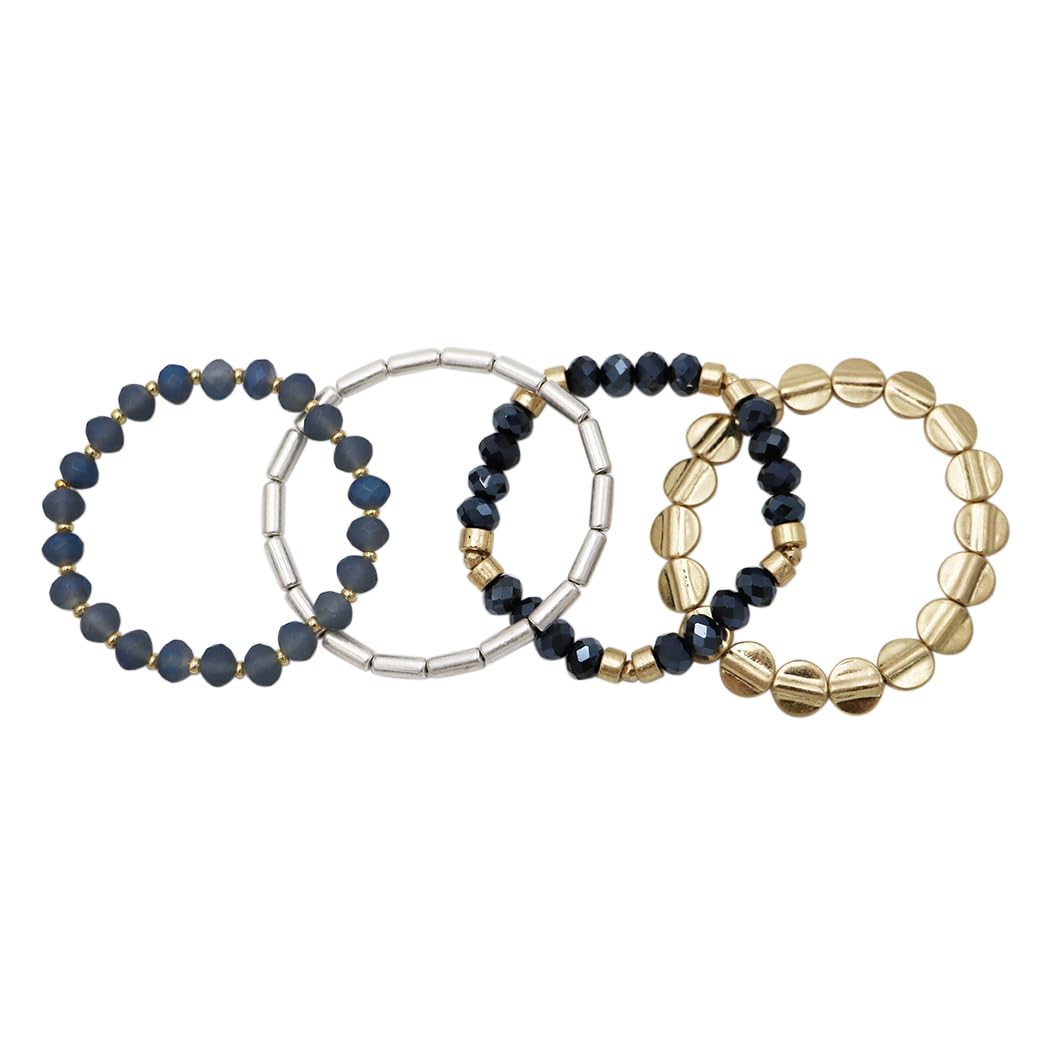 Beaded Stretch Bracelet Set, 4 Piece Stacking Collection, 6 Inch for Small Wrists (Two Tone Silver Gold Navy Blue)