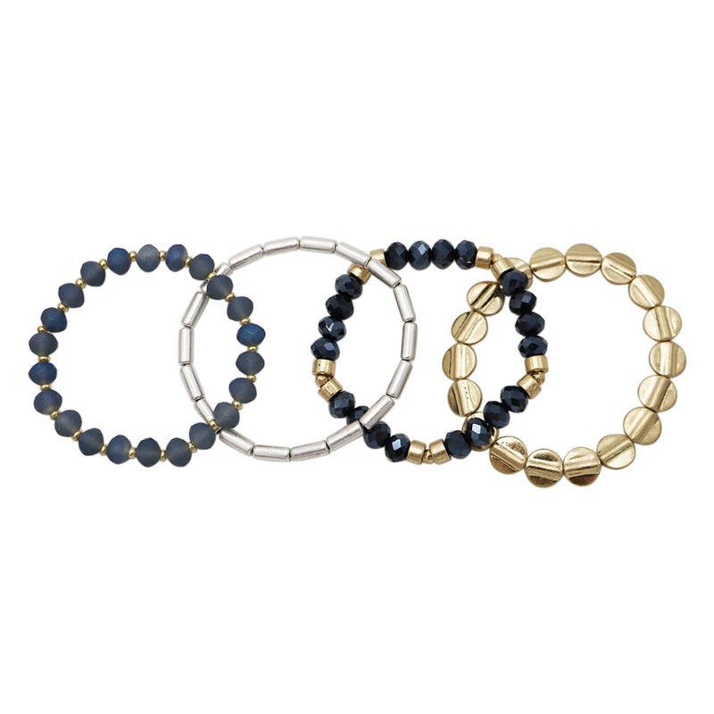 Beaded Stretch Bracelet Set, 4 Piece Stacking Collection, 6 Inch for Small Wrists (Two Tone Silver Gold Navy Blue)
